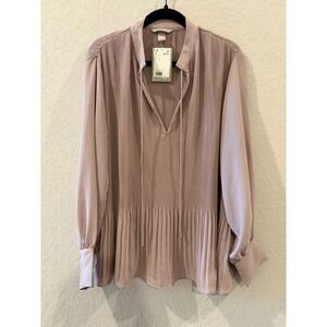 HM Womens Pleated Tie Neck Blouse Dusty Rose Long Sleeve Peplum Top Large NEW